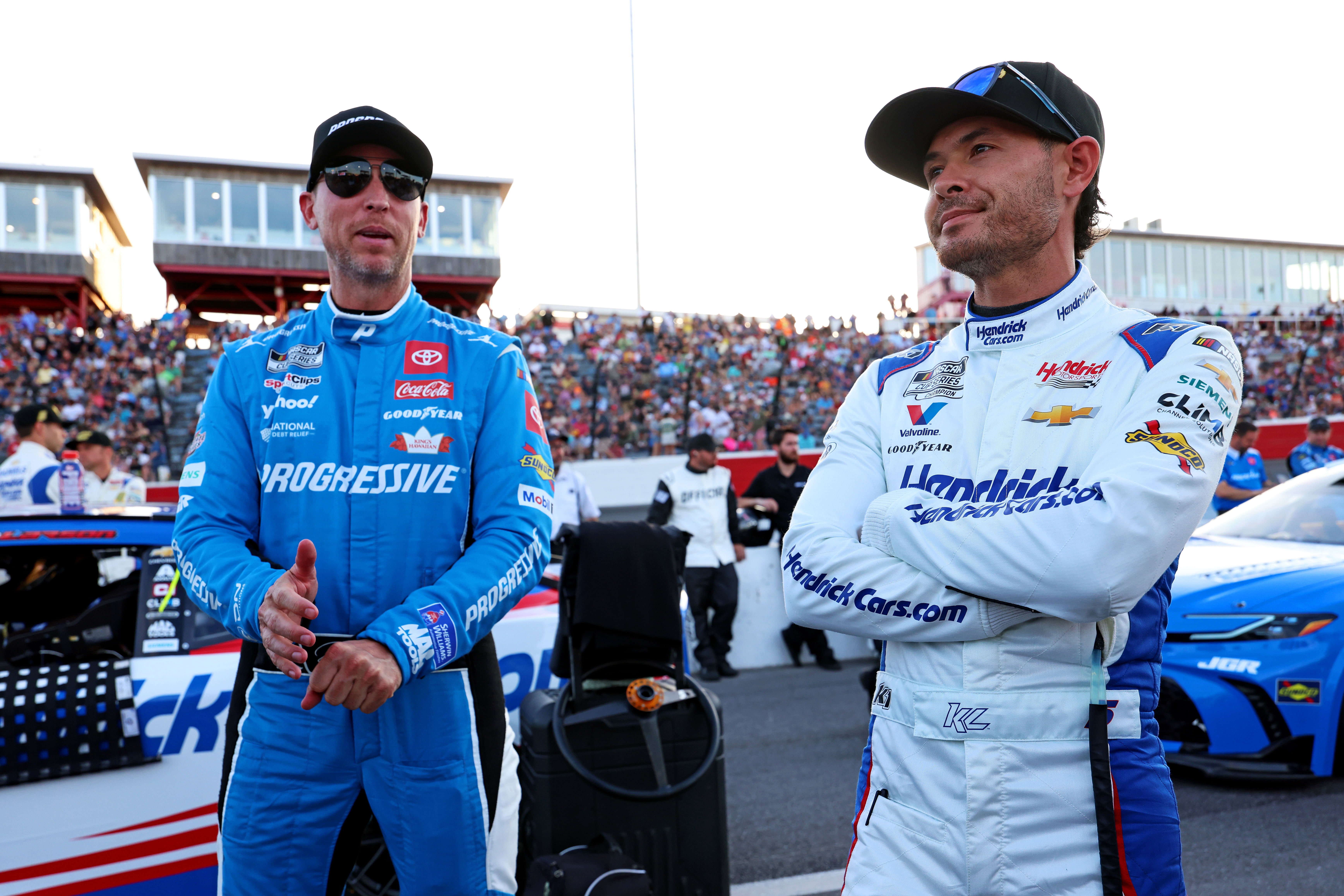 Kyle Larson and Denny Hamlin before the NASCAR All-Star Open at North Wilkesboro Speedway. Source: Imagn